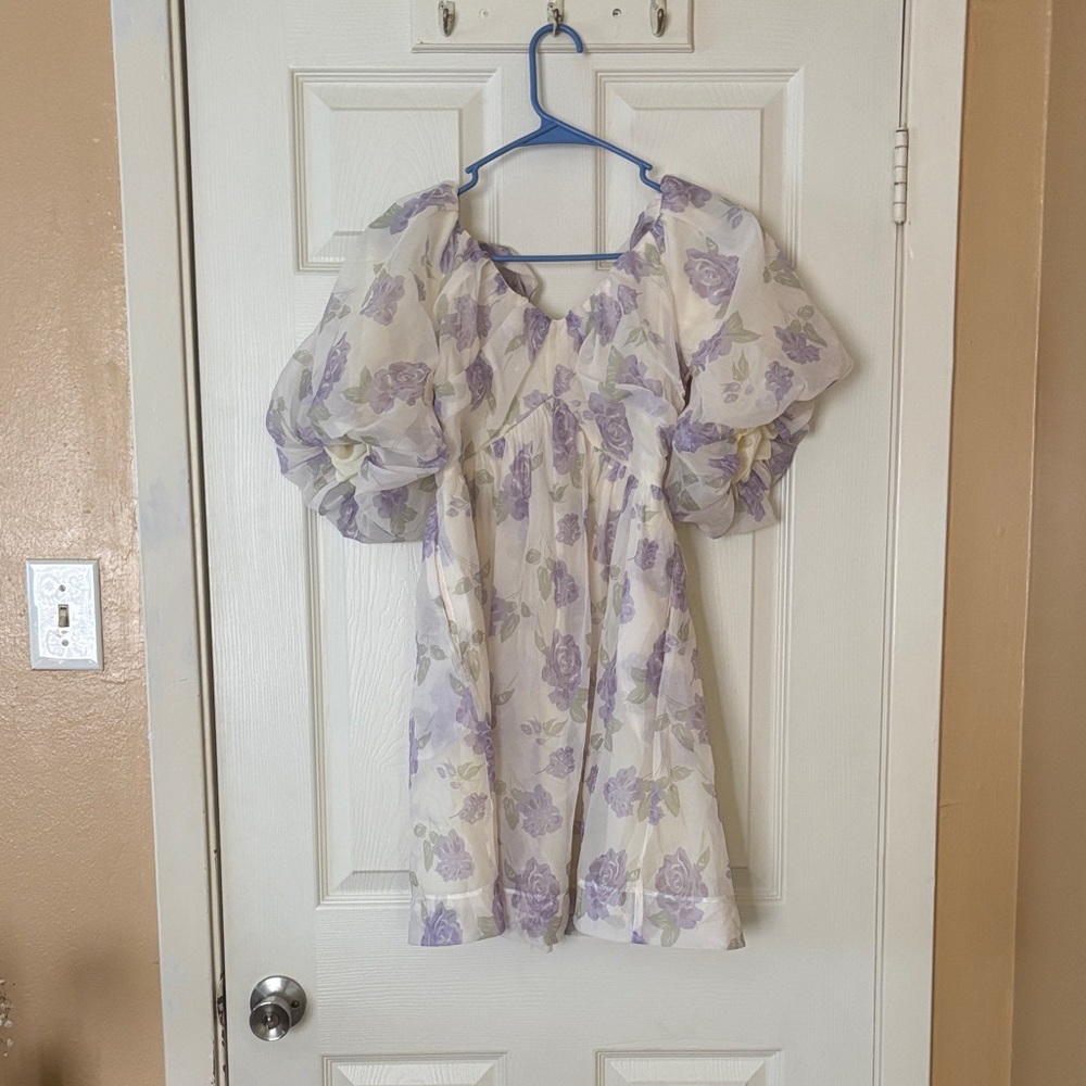 Floral Puff Sleeve Mini Dress - Purple and White